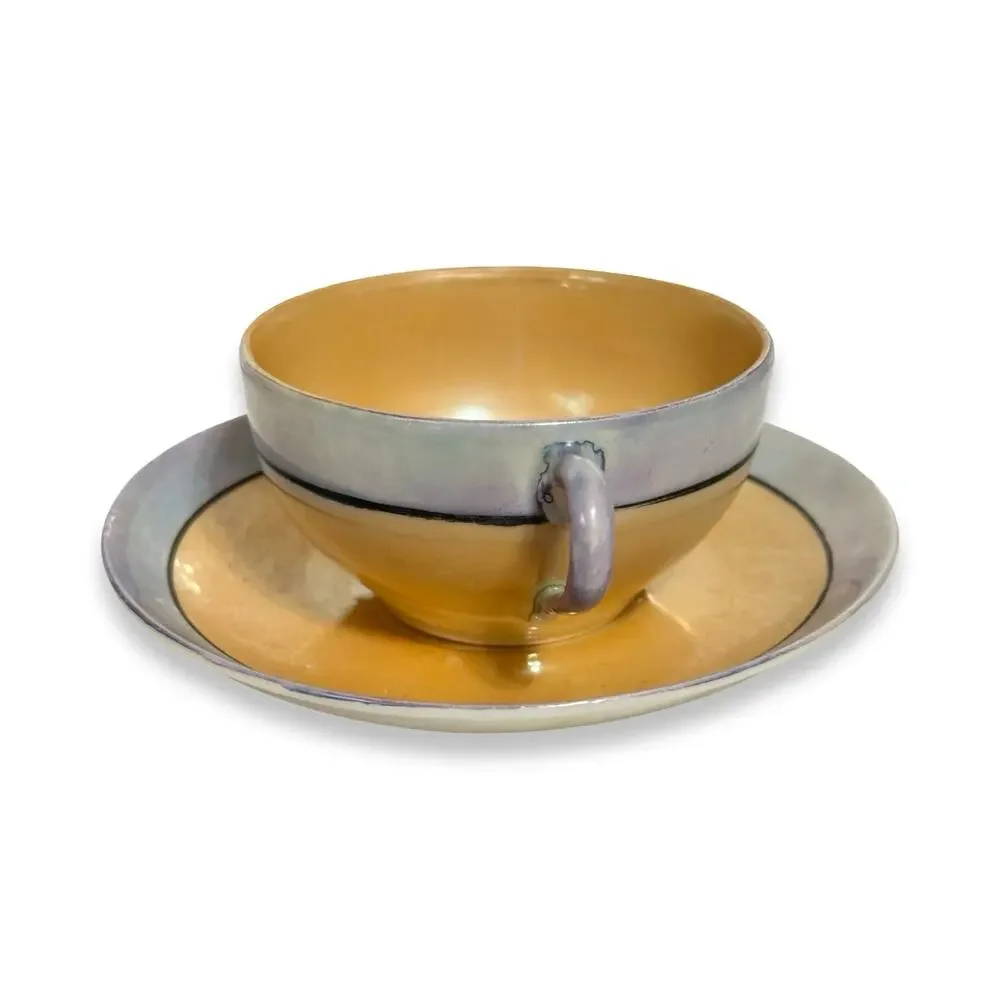 Vintage 1930s Japan Art Deco Lusterware Cup Saucer Butterscotch Gray Black